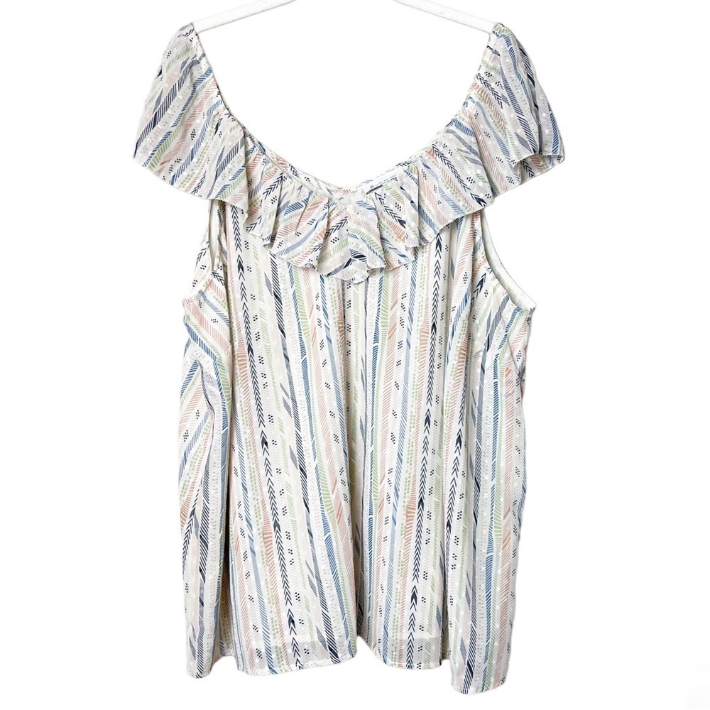 Skies Are Blue ruffle boho top 2X stripe blouse shirt sleeveless white spring‎